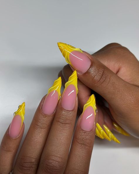 Have a blessed week 💛 #dovenailsbysharon #apresgelx #gelx Simple Yellow Nail Designs, Yellow V Tip Nails, Gel X Almond Nail Designs, Yellow Almond Nails Design, French Nails Stiletto, Long Stiletto Nails Design, Gel Tips Nails, Stiletto Fall Nails 2024, Yellow Nails Stiletto