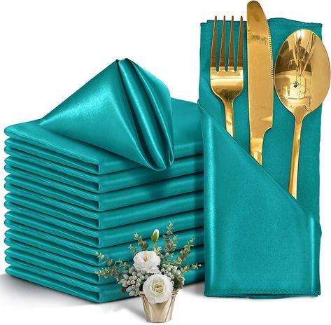 Amazon.com: Horbaunal 100 Pack Satin Napkins 17" x 17" Square Dinner Napkins with Floral Edges, Soft Cloth Napkins for Parties, Weddings, Events, Teal : Home & Kitchen Coral Wedding Centerpieces, Teal Green Wedding, Teal Party, Sweet 16 Themes, Tiffany Party, Orange Table, Restaurant Wedding, Coral Wedding, Elegant Dinner