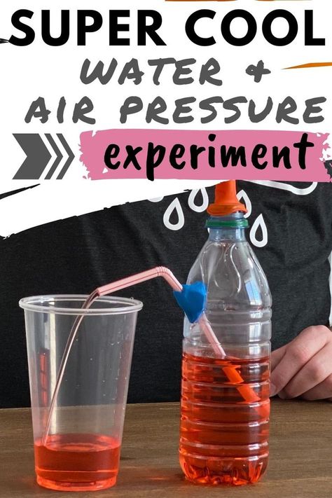 The air pressure in a balloon pushes liquid out of a bottle through a straw Diy Drink Dispenser, Air Pressure Experiments, Weather Experiments, Fun Experiments For Kids, Homeschool Science Experiments, Force And Pressure, Cool Science, Science Experiments For Preschoolers, At Home Science Experiments