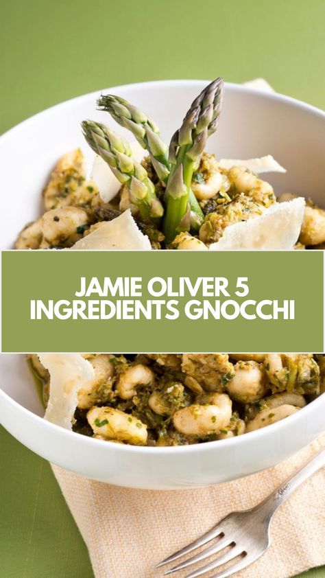 Jamie Oliver 5 Ingredients Gnocchi (Easy Rustic Gnocchi) is made with floury potatoes, asparagus, plain flour, fresh thyme, and Parmesan cheese. This delicious gnocchi recipe creates a tasty dinner that takes about 30 minutes to prepare and can serve up to 4 people. Jamie Oliver 5 Ingredients Recipes, Gnocchi Easy, Gnudi Recipe, Jamie Oliver 5 Ingredients, Potatoes Asparagus, Making Gnocchi, Gnocchi Recipe, Dried Potatoes, Jamie Oliver Recipes