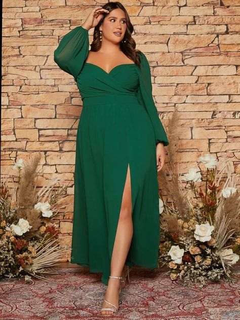 SHEIN Plus Sweetheart Neck Lantern Sleeve Split Thigh Chiffon Bridesmaid Dress | SHEIN USA Emerald Green Dresses Plus Size, Plus Size Wedding Guest Dresses With Sleeves, Emerald Green Plus Size Gown, Forest Green Plus Size Dress, April Wedding Guest Dress Plus Size, Dark Green Bridesmaid Dresses Plus Size, Emerald Green Plus Size Dress, Plus Size Fall Dresses For Wedding Guest, Midsize Dresses Formal