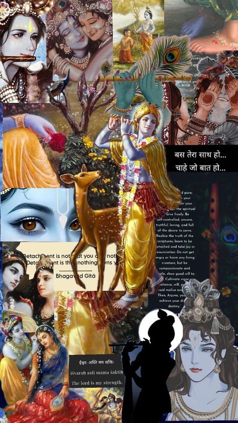 Krishna ya Kanha ka aesthetic wallpaper collage. Indian Aesthetic Wallpaper, Aesthetic Wallpaper Collage, Radhe Krishna Wallpapers, Krishna Flute, Clever Captions For Instagram, Shree Krishna Wallpapers, Cute Mobile Wallpapers, Peace Illustration, One Piece Wallpaper Iphone