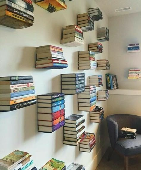 Floating Book Bookshelf, Library Diy Bookshelves, Floating Book Shelves Aesthetic, Library Book Shelves Aesthetic, Diy Bookshelf Wall Bedroom, Floating Book Wall, Bedroom Full Of Books, Book Shelves In Bedroom Wall, Floating Book Shelves Bedroom