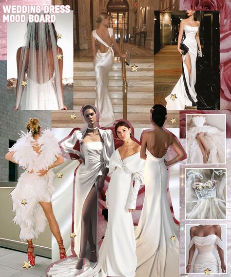 sharing my first thoughts about wedding dress shopping + my wedding dress mood board now on the blog ♡ https://www.fashionlush.com/wedding-dress-moodboard/ #weddingdress #weddingdressinspo Bridesmaids Mood Board, Wedding Dress Mood Board, Bride Moodboard, Bridal Mood Board, Edgy Wedding Dress, White Flower Dress, Wedding Dress Sketches, Simple Bride, Edgy Wedding