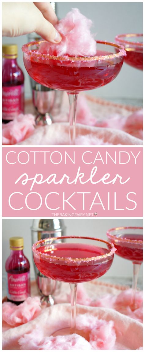 cotton candy sparkler cocktail | The Baking Fairy Cocktail Recipes Cotton Candy, Drinks With Cotton Candy On Top, Cotton Candy Cocktail Recipe, Cotton Candy Drinks, Cotton Candy Cocktail, Bartending 101, Yummy Cocktails, Dinner Party Games, Candy Cocktails