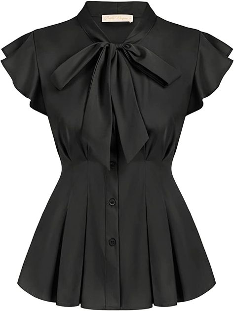 Tie Front Shirt Outfit, Black Ruffled Blouse With Short Sleeves, Ruffled Button-up Blouse For Office, Feminine Tie Neck Blouse With Bow, Vintage Short-sleeve Blouse With Ruffles, Elegant Midi Skirt, Black Ruffled Button-up Blouse, Bow Tie Blouse, Dressy Shirts