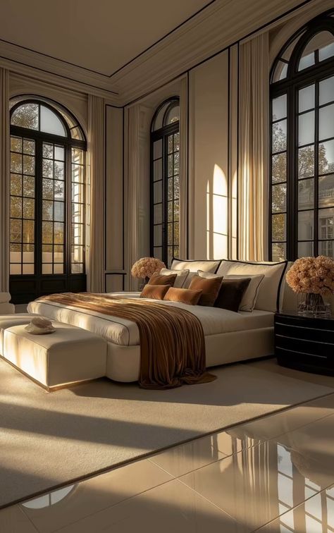 Grand Bedroom Luxury, Modern Luxurious Bedrooms Classy, Master Bedrooms Luxury, Dark Modern House, Classy Home Decor, Bedrooms Luxury, Luxury Master Suite, Spacious Bedroom, Classy Rooms