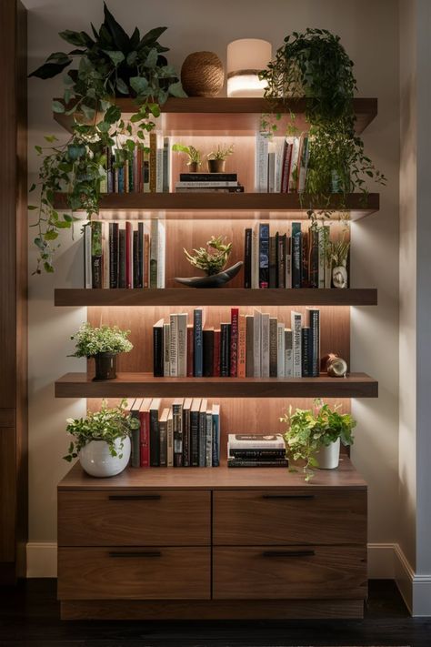 Showcase your favorite reads on elegant lighted wooden shelves. Enhance the design with potted plants and organic-inspired elements for a harmonious, artistic space. #BookshelfGoals #IlluminatedShelves #HomeLibraryInspo #WoodenShelves #NatureInspiredDecor #BookLoversHaven #GreeneryAndBooks #StylishStorage #HomeDesignIdeas #CozyReadingSpace Plants And Shelves, Bookcase And Plants, Plant Shelf Aesthetic, Book Shelves With Plants, Shelf Decor Ideas Aesthetic, Plant And Book Shelves, Bookshelf Lighting Ideas Built Ins, Shelves Around Door, Minimalism Bookshelf