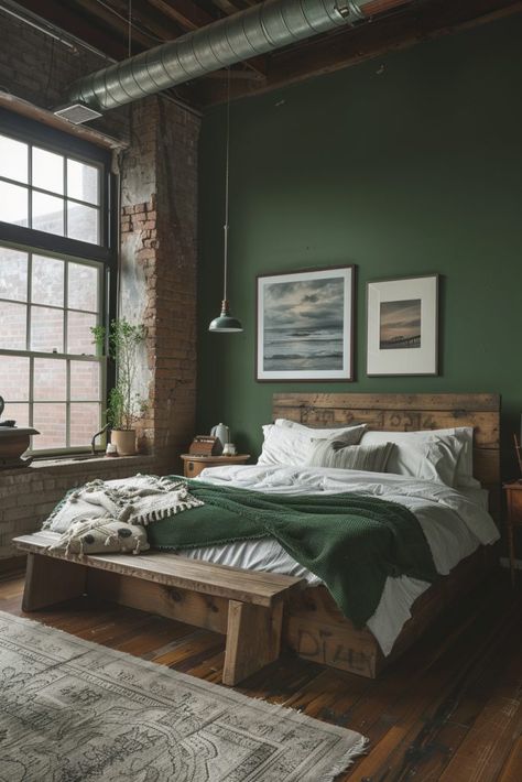 Miss Green Bedroom, Single Guy Bedroom Ideas, Cozy Bedroom Ideas Aesthetic, Guy Apartment, Ideas With Cardboard, Bedroom Dark Green, Dark Green Bedroom Ideas, Dark Green Bedroom, Brick Bedroom