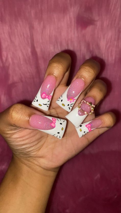 Nail Inspo Feet And Hands, Pink Hello Kitty Duck Nails, Long Duck Nails Y2k, Cardi B Duck Nails, Sanrio Duck Nails, Duck Nails Acrylic Hello Kitty, Duck Nails Inspiration, Duck Tip Nails Y2k, Hello Kitty Design Nails