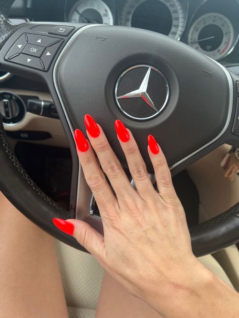 Neon Red Acrylic Nails, Bright Classy Nails, Almond Shaped Sns Nails, Bright Red Coffin Acrylic Nails, Orange Red Acrylic Nails, Long Almond Nails Colorful, Red Summer Almond Nails, Orange Red Almond Nails, Bright Red Nails With Design Summer