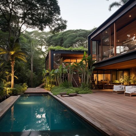 Modern wooden Brazilian houses Brazilian Style Home, Brazilian Architecture Interior Design, Modern Jungle House, Jungle Beach House, Brazilian Interior Design, Brazilian Beach House, Beach Mansions, Brazil Houses, Brazilian Architecture