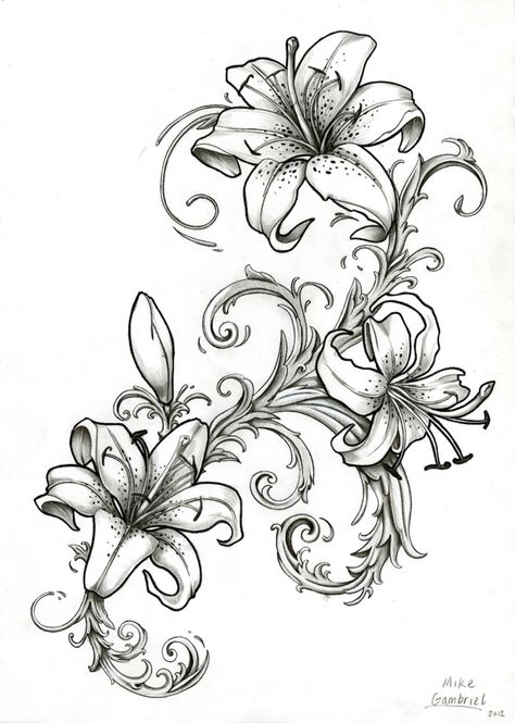 Drawings Lilly Tattoos, Money Tattoos, Tattoo Lily, Tiger Lily Tattoos, Drawing Of Flowers, Lillies Tattoo, Lily Tattoo Design, Lilies Drawing, Lily Flower Tattoos