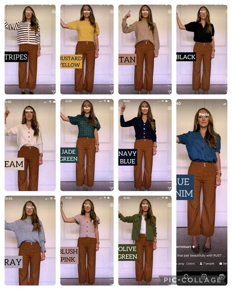 How To Style Tan Pants, Mocha Outfit Ideas, Autumn Color Palette Outfits, Wardrobe Sudoku, How To Style Brown Pants, Olive Green Pants Outfit, Colored Pants Outfits, Long Blouses, Stylish Mom Outfits