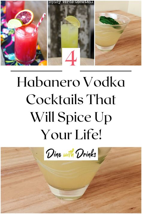 Collage of 4 habanero vodka cocktails. Spicy Vodka Drinks, Spicy Vodka Cocktails, Spicy Drinks Cocktails, Habanero Cocktail, Mango Vodka, Vodka Recipes Drinks, Spicy Drinks, Spicy Cocktail, Vodka Cocktails Recipes