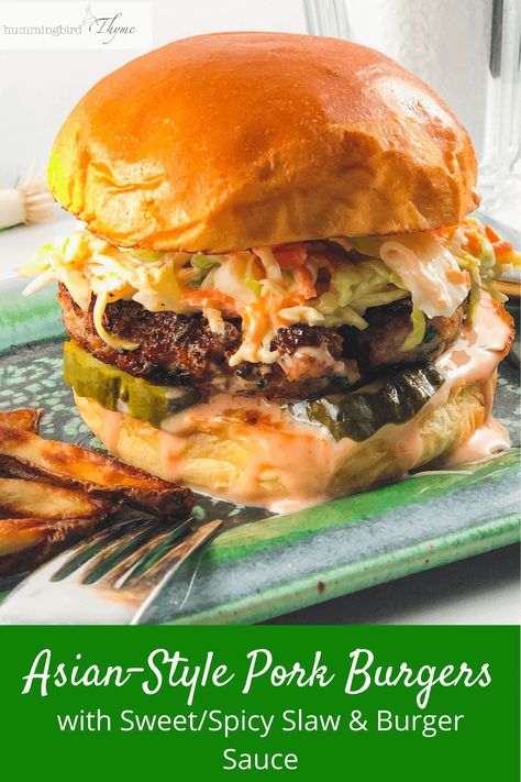 Asian Burger Recipe, Hawaii Bbq, Pork Burgers Recipes, Spicy Slaw, Epicurious Recipes, Slaw Dressing, Ginger Pork, Asian Pork, Crockpot Pulled Pork