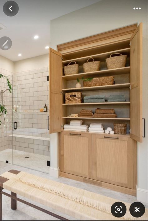 Closet In Bathroom Master, Bathroom Linen Closet Organization, Closet In Bathroom, Bathroom Closet Remodel, Linen Closet Design, Bathroom Built Ins, Bench Shelf, Bathroom Linen Closet, Oak Bathroom