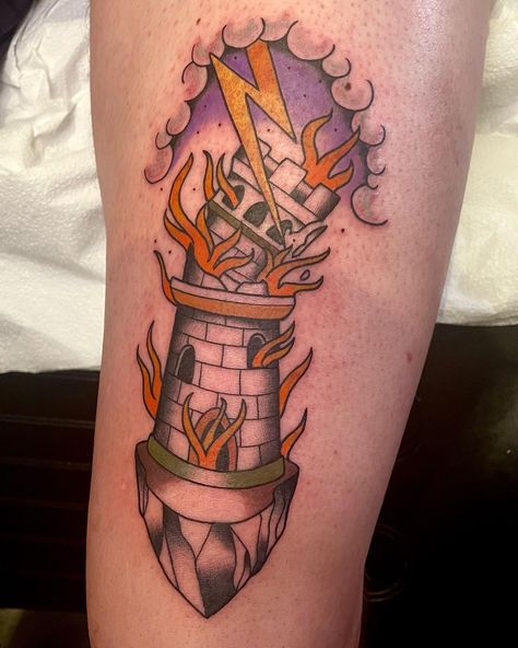 Fresh tower Tarot card tattoo by Mike Wolfiner. #12ozstudios #team12oz #tattoo #tattoos #tattooed #tattooing #tattooism #tattooart #tattooartist #tattooer #tattooist #art #artstudio #tattooshop #tattoostudio #ink #inked #colortattoos #neotraditionaltattoos #tarot #tarotcardtattoo #tower The Tower Tattoo, Tower Tarot Tattoo, Tower Tarot Card, Tower Tattoo, Medieval Tattoo, Tarot Tattoo, Tarot Card Tattoo, Card Tattoo, Tattoo Shop