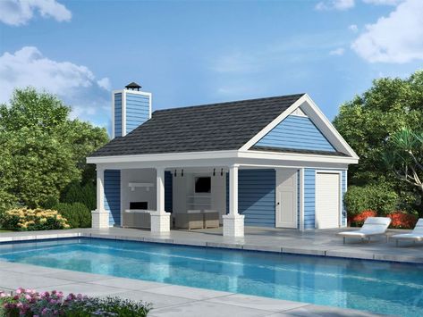 062P-0021: Pool Storage Building Recessed Tv, Covered Lanai, Pool Storage, Pool House Designs, Exterior Fireplace, Building A Garage, Pool House Plans, Traditional House Plan, Traditional House Plans