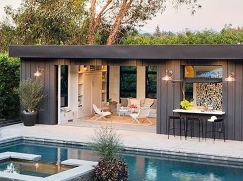 Industrial Pool House, Minimalist Pool House, Pool House Rec Room, Narrow Pool House, Garage Converted To Pool House, Small Modern Pool House, Pool And Shed Backyards, Mid Century Modern Pool House, Flat Roof Pool House