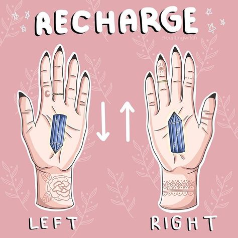 Crafting Witch on Instagram: “Revitalise and recharge yourself by holding a crystal facing inwards in your left hand (receiving hand) and a crystal facing outwards in…” Hand Receiving, Recharge Yourself, Giving Hands, Wiccan Crafts, Green Witchcraft, Grimoire Book, Eclectic Witch, Herbal Magic, Baby Witch