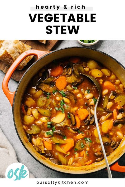 Healthy and hearty, vegan stew is so much more than "chunky soup". With a seasoned gluten free gravy, tender chunks of vegetables, golden brown mushrooms and creamy white beans, nobody's going to miss the beef. High in protein, low in fuss, this plant based recipe is the easiest (and quickest!) stew you'll ever make. Vegetable stew is the vegan dinner you'll crave all fall and winter, made in just about an hour in one pot. Yum!! Creamy White Beans, Chunky Soup, Stew Vegan, Crock Pot Vegetables, Gluten Free Gravy, Plant Based Recipe, Slow Cooker Stew, Vegan Stew, Veggie Dinner