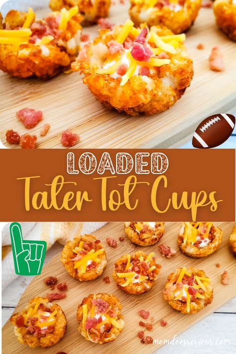 Loaded Tater Tot Cups- only 4 Ingredients - Mom Does Reviews Tater Tot Cups, Tater Tot Appetizers, Loaded Tater Tot, Baby Shower Finger Foods, Loaded Tater Tots, Shower Appetizers, Tater Tot Recipes, Delicious Appetizers, Bite Size Appetizers