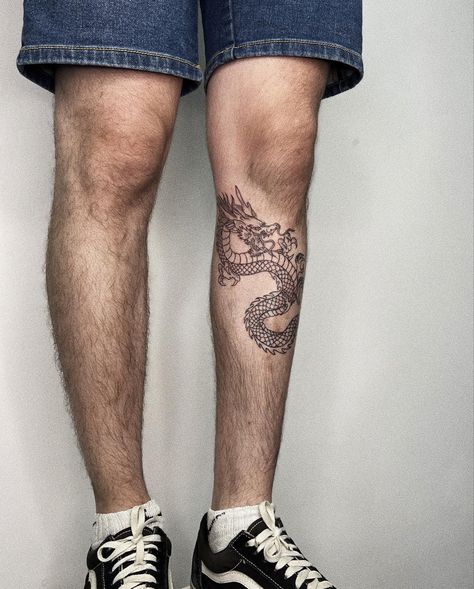 Dragon Tattoo Above Knee, Patchwork Dragon Tattoo, Dragon Leg Tattoo Men, Dragon Leg Tattoo, Tattoo Shin, Shin Tattoo, Japanese Dragon Tattoo, Leg Tattoo Men, Japanese Dragon