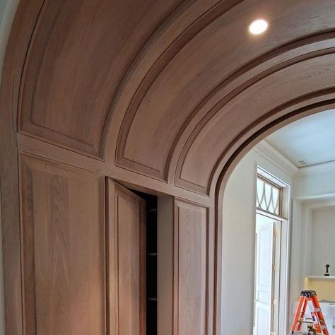 ITC Millwork on Instagram Colonial Stairs, Colonial Ceiling, Wine Basement, Classic Panelling, Arched Hallway, Foster House, Millwork Wall, Bookshelf Door, Millwork Details