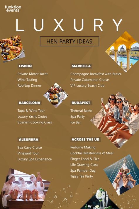 A hen party is a big deal for any bride-to-be, so let's make it extra special! Introducing our collection of luxury hen party ideas that are an absolute must! 🥂From fancy tapas and wine tours to elegant rooftop dinners, we've got something for everyone! ✨ #luxuryhendo #henparty #hendo #henpartyideas #hendoideas #bachelorettepartyplanning #hendothemes #luxury #luxuryhendoideas Hen Do Ideas, Hen Party Ideas, Best Friend Thoughts, Bachelorette Party Planning, Hen Do, Party Activities, Hen Party, Big Deal, Maid Of Honor