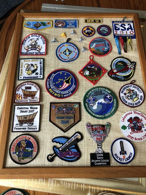 Scout Patch Display, Patch Display Ideas, Cub Scout Patches, Patch Display, Eagle Ceremony, Eagle Scout Ceremony, Patches Display, Military Shadow Box, Scout Patches