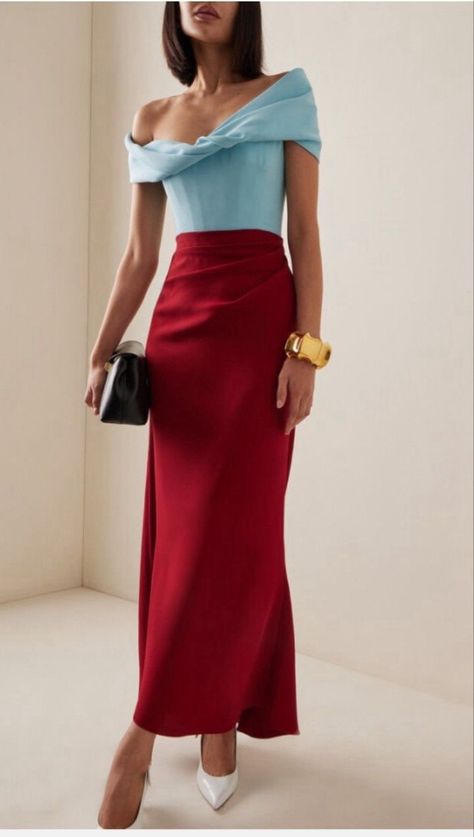 Red Skirt Blue Top Outfit, High Fashion Wedding Guest Outfit, Red Midi Dress Outfit Classy, Winter Gowns Elegant, Royal Aesthetic Outfit, High End Fashion Aesthetic, Dinner Event Outfit, Classy Midi Dresses, Shanghai Fashion