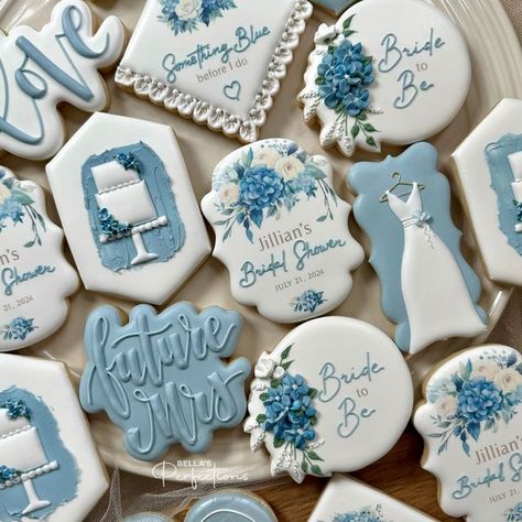 BELLA’S Perfections on Instagram: "Bridal shower cookies for a beautiful bride-to-be.  . . . . #bridalshowercookies #weddingdress #weddingcookies #weddingfavors #bridalshowerfavors #floralcookies #hydrangea #bridetobe #bridetobecookies #heartcookie #futuremrs #weddingcakecookies #somethingbluebeforeido #njcookies #lovecookies" Something Blue Cookies, Something Blue Before I Do Cookies, Something Blue Bridal Shower Cookies, I Do Cookies, Blue Bridal Shower Decorations, Bridal Shower Sweets, Bridal Shower Desserts, Wedding Cake Cookies, Something Blue Bridal