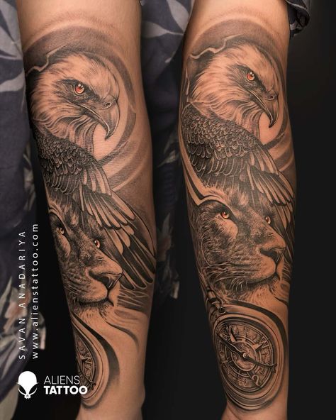 Eagle And Lion Tattoo, Lion And Eagle Tattoo, Rohit Tattoo, Angel Warrior Tattoo, Calf Tattoos For Women, Your Time Will Come, Arm Tattoos Black, Tattoos Masculinas, Animal Sleeve