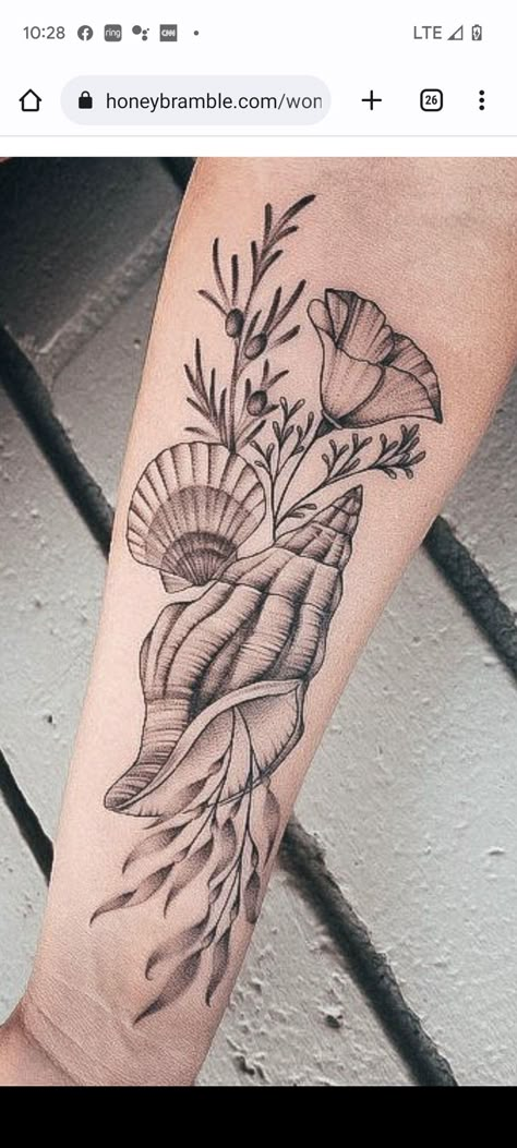 Shell Sleeve Tattoo, Beach Animal Tattoo, Ocean Theme Arm Sleeve Tattoo, Ocean Shell Tattoo, Floral Sea Tattoo, Beach Theme Sleeve Tattoo, Seashell Tattoo Sleeve, Marine Life Sleeve Tattoo, Ocean Themed Tattoos For Women Leg