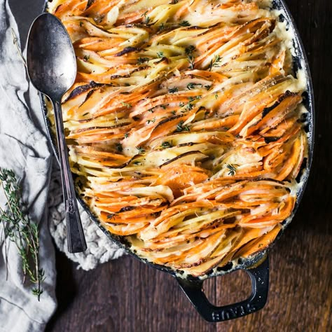 Veggie Gratin, Root Vegetable Gratin, Veggie Board, Vegetable Gratin, Root Vegetables Recipes, Thyme Recipes, Gratin Dish, Root Vegetable, Three Cheese