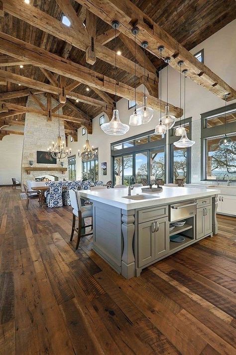 Barn Wood Decor, Vaulted Ceiling Living Room, Reclaimed Beams, Rustic Kitchen Cabinets, Barndominium Floor Plans, Rustic Home Design, Classic Kitchen, Exposed Beams, Metal Building Homes