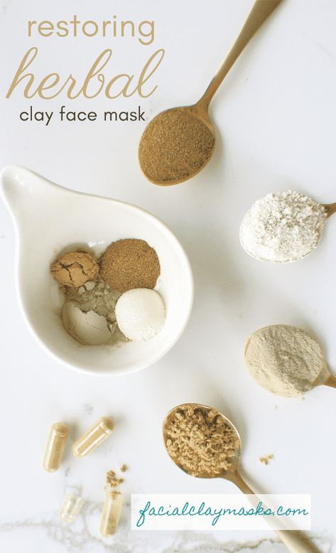 Restoring Herbal Face Mask | DIY recipe with Gotu Kola Marshmallow Root Powder, Kaolin Clay Mask, Homemade Face Mask, French Green Clay, French Green, Marshmallow Root, Gotu Kola, Face Mask Recipe, Clay Clay