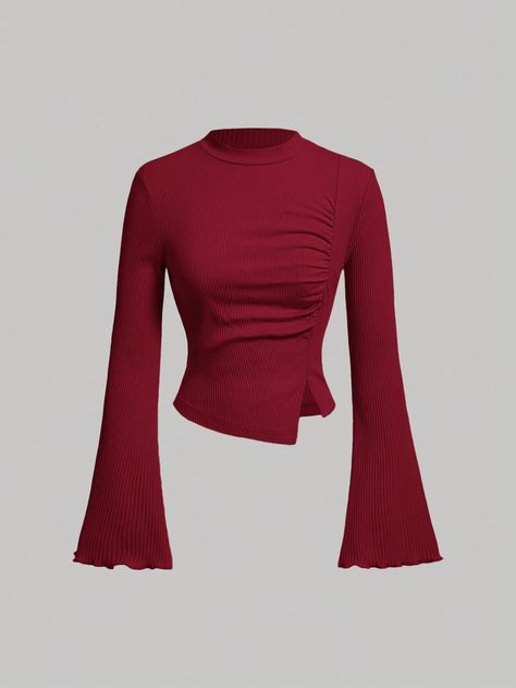 Women's Pleated Side Split Bell Sleeve T-Shirt Burgundy Casual  Long Sleeve Knitted Fabric Plain  Medium Stretch  Women Clothing, size features are:Bust: ,Length: ,Sleeve Length: Cool Long Sleeve Shirts, Shein Long Sleeve Top, Simple Tops For Women, Shein Tops Shirts, Clothes From Shein, Burgundy Clothing, Designs For Clothes, Burgundy Clothes, Trending Tops For Women