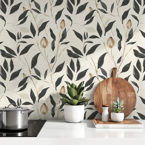 Enhance your home decor with the "Modern Botanical Serenity" peel and stick wallpaper. This elegant wallpaper features a contemporary floral design with delicate leaves and buds in a sophisticated palette of black, beige, taupe, and cream. The intricate botanical motifs provide a harmonious and calming aesthetic, making it perfect for any room that needs a touch of nature-inspired beauty. Ideal for living rooms, bedrooms, or dining areas, this wallpaper adds a modern yet timeless charm to your s Kitchen Nook Wallpaper Ideas, Large Print Floral Wallpaper, Boho Kitchen Wallpaper, Modern Botanical Wallpaper, Pantry Wallpaper Ideas Modern, Farmhouse Bathroom Wallpaper Ideas, Wallpaper Pantry Interior, Wallpaper For Kitchen The Wall, Wallpaper For Dining Room Accent Walls