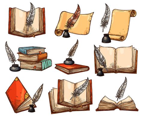 Old book, paper scroll and feather pen sketch set Drawing by Seamartini Open Book Drawing, Old Book Paper, Feather Quill Pen, Paper Scroll, Sketch Icon, Feather Pen, Quill Pen, Book Paper, Vector Sketch