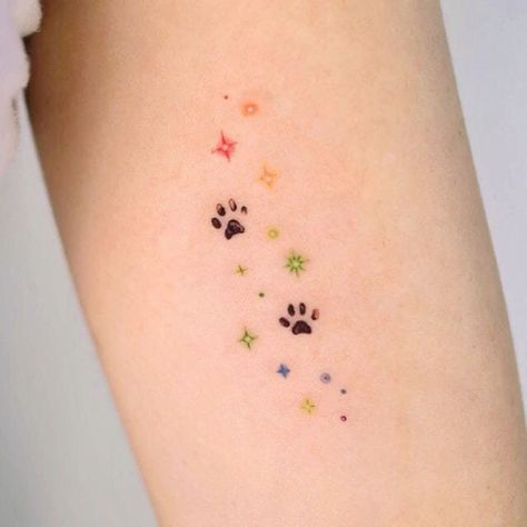 Paw Print Minimalist Tattoo, Rainbow Dog Tattoo, Rainbow Paw Print Tattoo, Micro Cat Tattoo, Pawprint Tattoo Cat, Little Dog Tattoo, Cat Inspired Tattoos, Dog Name Tattoo, Small Pet Tattoos