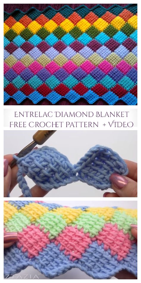 Tunisian Crochet Entrelac Diamond Blanket Free Crochet Pattern - Video Tusinian Crochet Patterns, Enterlac Crochet, Crochet Entrelac, Entrelac Crochet, Crochet Dog Sweater Free Pattern, Tunisian Crochet Free, Tunisian Crochet Blanket, Diy Knit, Tunisian Crochet Patterns