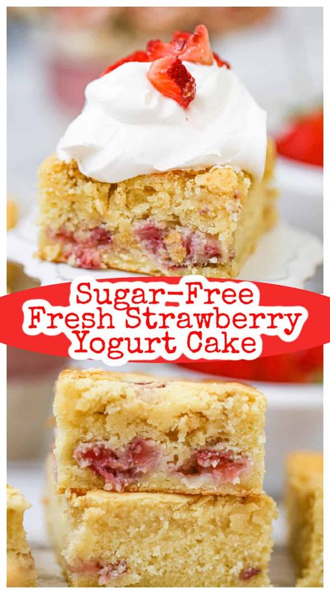 Fresh Strawberry Yogurt Cake - Sugar-Free Option Healthy Strawberry Cake, Healthy Strawberry Dessert, Strawberry Yogurt Cake, Frozen Strawberry Recipes, Low Sugar Yogurt, Lush Cake, Sugar Free Fruits, Fresh Strawberry Recipes, Fresh Strawberry Cake