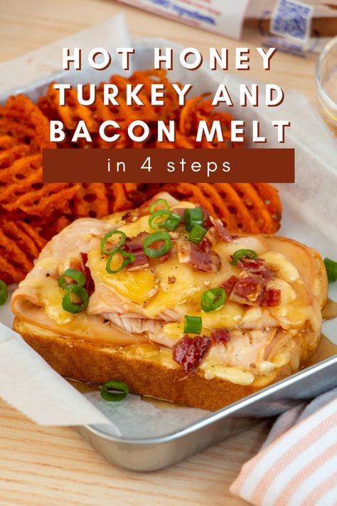 Need a spicy and cheesy recipe? Follow our step by step guide to making a Hot Honey Turkey Bacon Melt using Martin’s 100% Whole Wheat Potato Bread. Mikes Hot Honey Recipes, Turkey Blt Sandwich, Honey Appetizers, Turkey Bacon Recipes, Sandwich Melts, Turkey Melt, Hot Honey Recipe, Honey Turkey, Honey Wheat Bread