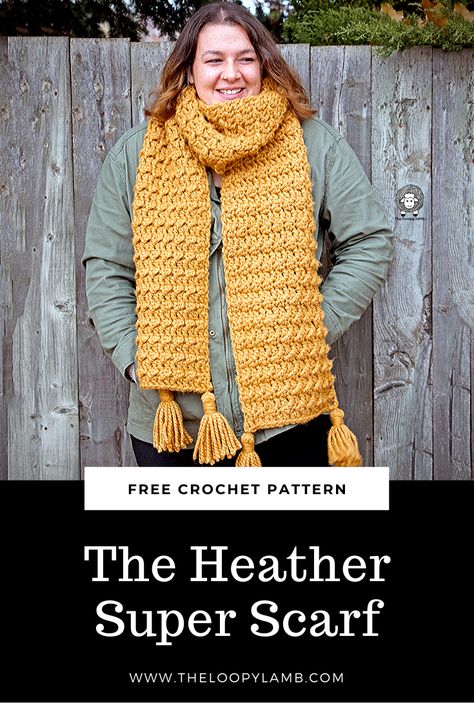 The Heather Super Scarf - Free Crochet Pattern from The Loopy Lamb.  Looking to keep cozy this winter? The Heather Super Scarf is a quick and easy make that not only looks great, it keeps you super warm and cozy in the cold weather.  #superscarf #freecrochetpattern #crochet #crochetscarf #chunkycrochet #lionbrand #thickandquickpatterns #quickcrochetpatterns #chunkycrochetpatterns #beginnercrochet #easycrochet Chunky Scarf Pattern Crochet, Crochet Scarf Pattern Bulky Yarn, Crochet Scarf Bulky Yarn, Super Bulky Crochet Scarf, Simple Scarf Pattern, Crotchet Blankets, Free Crochet Scarf, Cowl Patterns, Crocheted Scarves