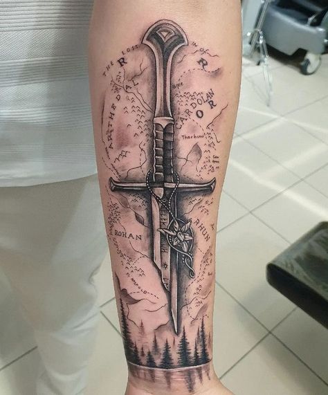 Lord Of The Rings Map Tattoo, Lotr Anduril, Middle Earth Tattoo, Lord Of The Rings Tattoo Ideas, Tolkien Tattoo, Lord Of Rings, Ring Tattoo Designs, Lotr Tattoo, Rings Tattoo