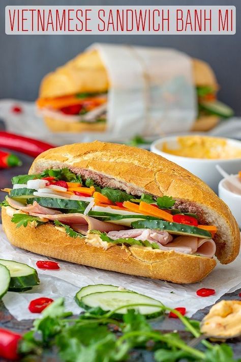 If you haven’t tried Vietnamese Sandwich Banh mi yet then here is your chance. French-style baguette is packed with fresh and pickled vegetables, cilantro and cold cuts of your choice. #happyfoodstube #vietnamese #sandwich #banhmi #food #recipe #streetfood via @happyfoodstube Vietnamese Sandwich Banh Mi, Vietnamese Sandwich, Sub Sandwich, Cold Cuts, Pickled Vegetables, Banh Mi, Happy Foods, Food Recipe, Cilantro