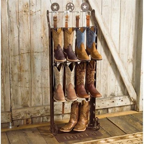 From Rod's Western ... nice to include belts as well. Boots Storage Ideas, Cowboy Boot Storage, Cowboy Boot Rack, Boots Storage, Boot Organizer, Boot Holder, Rustic Boots, Boot Organization, Boot Rack