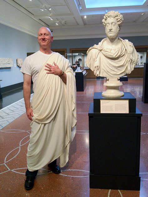 In ancient Rome, togas were no laughing matter. They were the fashion must-have for all male citizens, but men hated them: they were heavy, made your left arm as useful as a T. Rex's, and required a team of highly trained slaves to put on and take off. Also, they were made of wool, which was great f Roman Toga Diy, How To Wrap A Toga, Mermaid Rave Outfit, Wonder Woman Costume Diy, Mythology Costumes, Roman Toga, Gladiator Costumes, Biblical Costumes, Elven King